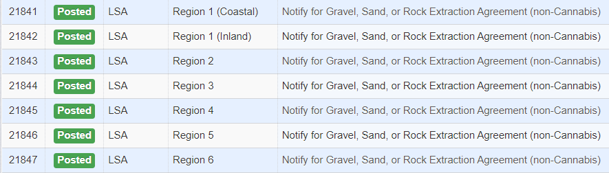 Gravel, Sand, or Rock Extraction Agreement Notification Types listed under "Project Name"